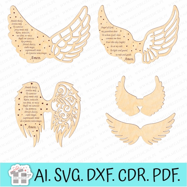 Angel wings with prayer for laser cutting and engraving. Angel wings for crafts. Angel wings for decoupage laser cut SVG