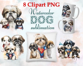 Superhero Dog Graphics, Sublimation on mugs and pillows, Watercolor Dogs, shih tzu family PNG. no background, Sublimation Designs