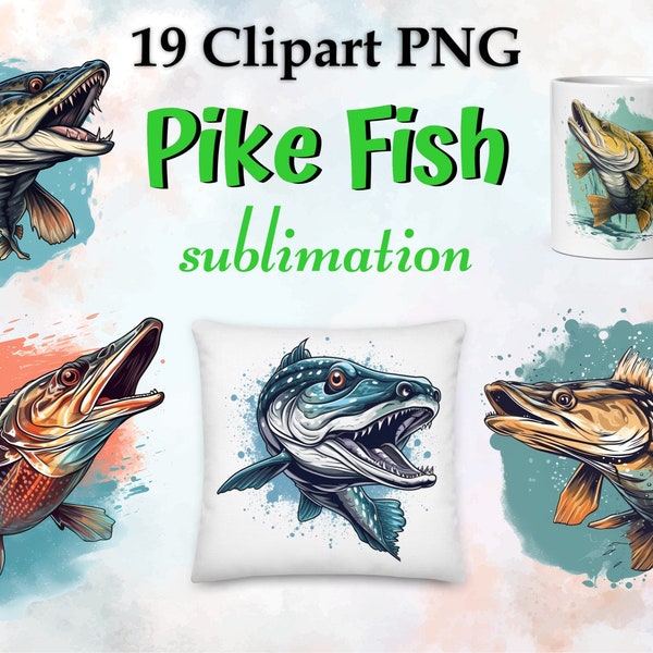 Fishing graphics. Pike pattern for a T-shirt and mug. Angler set png. Fish bundle png. Pike logo, Sublimation pike patterns.