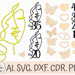 以下が含まれることがあります： 2つの線画の顔、蝶、ハート、数字の18、20、30、40を特徴とするクラフトプロジェクト用のデジタルデザインファイルセット。デザインファイルはAI、SVG、DXF、CDR、PDF形式で入手できます。