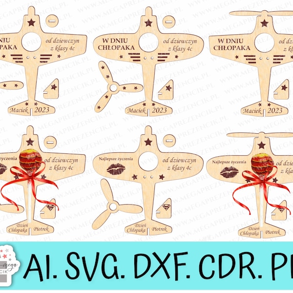 Samolot z miejscem na lizaka. Samolot na dzień Chłopaka z obrotowym śmigłem. Pliki cyfrowe do lasera. Prezent dla Chłopaka svg laser cut.