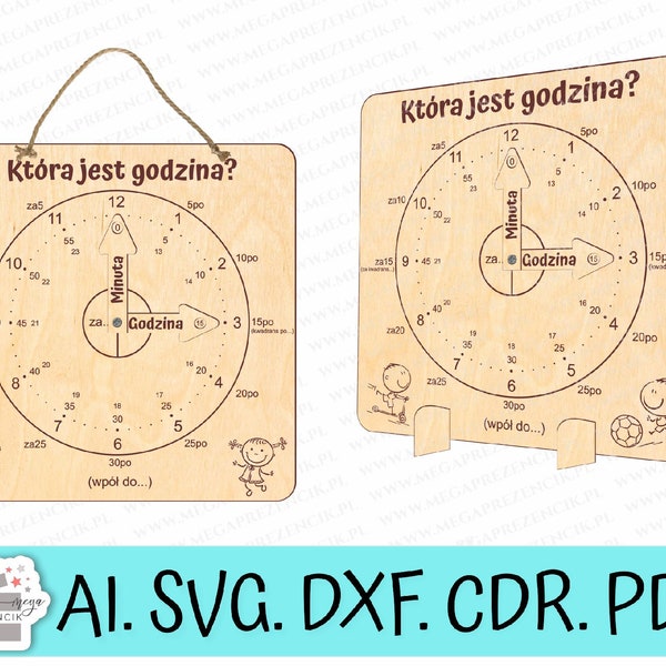 Orologio educativo per l'apprendimento di un bambino. Orologio sospeso e orologio da terra. La scienza del tempo. Orologio per apprendere ore e minuti. Orologio tagliato al laser in formato SVG.