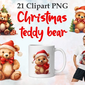 Set of christmas cute teddy bears png. Teddy bear with a gift. Christmas graphics png. Christmas graphics for sublimation on a mug and T-shirt