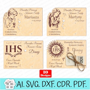 Geldkarte, Souvenir zur Erstkommunion, lasergeschnitten. Erstkommunion Geschenk Lasergeschnittene Datei SVG CDR. Lasergeschnittene Kommunionkarte aus Holz