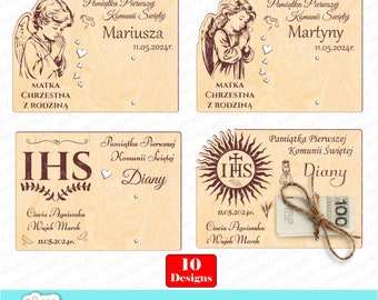 Tarjeta dinero, souvenir Primera Comunión, corte láser. Regalo de primera comunión Archivo cortado por láser SVG CDR. Tarjeta de comunión de madera cortada con láser.