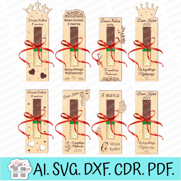 Podziękowania z okazji Dnia Kobiet z miejscem na czekoladkę svg. Elegancki upominek dla Pań. Prezent na Dzień Kobiet. Files svg. Laser cut.
