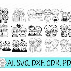 Cartoon Grandparents graphics svg. Grandma and Grandpa svg. Grandma and Grandpa's Day svg. Set of Grandma and Grandpa SVG laser cut vector graphics