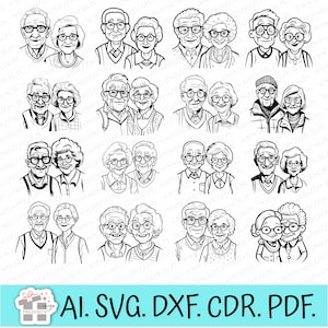 Grafica dei cartoni animati dei nonni in formato SVG. Nonna e nonno in formato SVG. Festa della nonna e del nonno in formato SVG. Set di grafica vettoriale tagliata al laser SVG per nonna e nonno