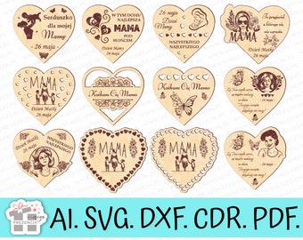 May include: Ten heart-shaped wooden cutouts feature various designs and messages celebrating Mother's Day. Each cutout includes the word "Mama" or "Mamy" and phrases like "W TYM DOMU NAJLEPSZA MAMA" and "Kocham Cię Mamo".