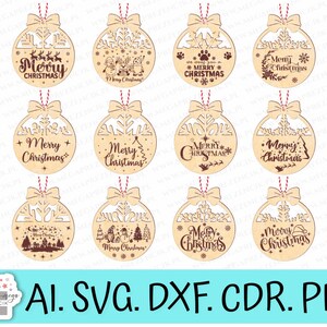 May include: Ten different Christmas ornament designs with intricate cutouts. Each ornament features a different design with a Christmas theme, including snowflakes, reindeer, and Christmas trees. The ornaments are all made of wood and have a natural finish.