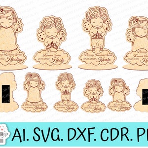 Un souvenir para los invitados a la Primera Comunión. Imán de ángel grande y pequeño. Un regalo para la Sagrada Comunión. Estatuilla de un ángel, una niña y un niño, láser svg