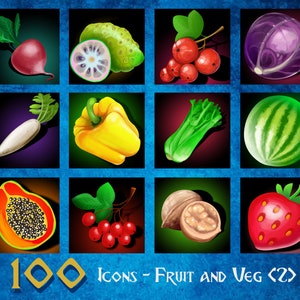 Fantasia de frutas e vegetais - Ícones - Videogame - RPG - DnD - Clipart de alta qualidade