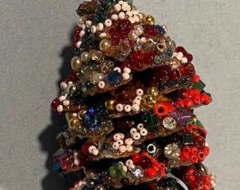 Rare Hand Made One-Of-A-Kind Pine Cone Jeweled Christmas Tree Ornament
