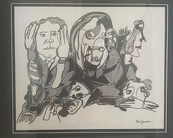 Hilda Epner Abstract " Hear, Speak, See No Evil" Illustration Framed 18" X 16"