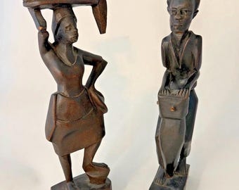 Vintage Hand Carved African Male and Female Sculpture Rare Estate Discovery!