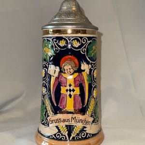 Vintage Gerz Bierkrug, Handbemalter Bierkrug mit Deckel
