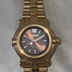 May include: Gold-coloured wristwatch with a round face and a matching link band. The watch face displays the number 12, the brand name "SENATO", and a date display. The watch has a metallic sheen and a classic design.