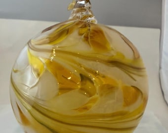 Handmade Mouth Blown Yellow White Large Ornament Orb 4” With Box Poland
