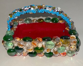 Handmade basket embedded with vintage beads and rhinestones