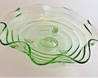 Green Depression Uranium Glass Ribbed Footed Bowl