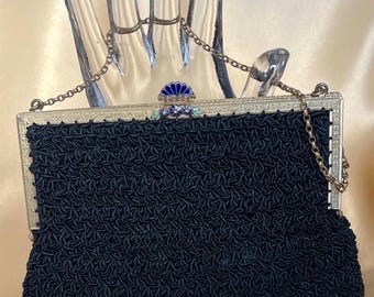 Vintage 40's Black Corde Handbag-Enamel Clasp