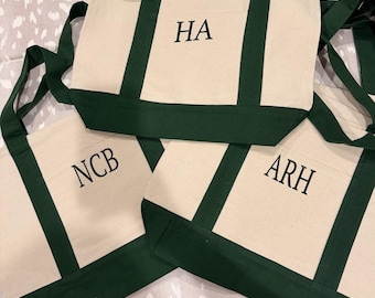 Personalized Heavy Canvas Tote: Custom Monogram Bag, Green Handles, Front Pocket