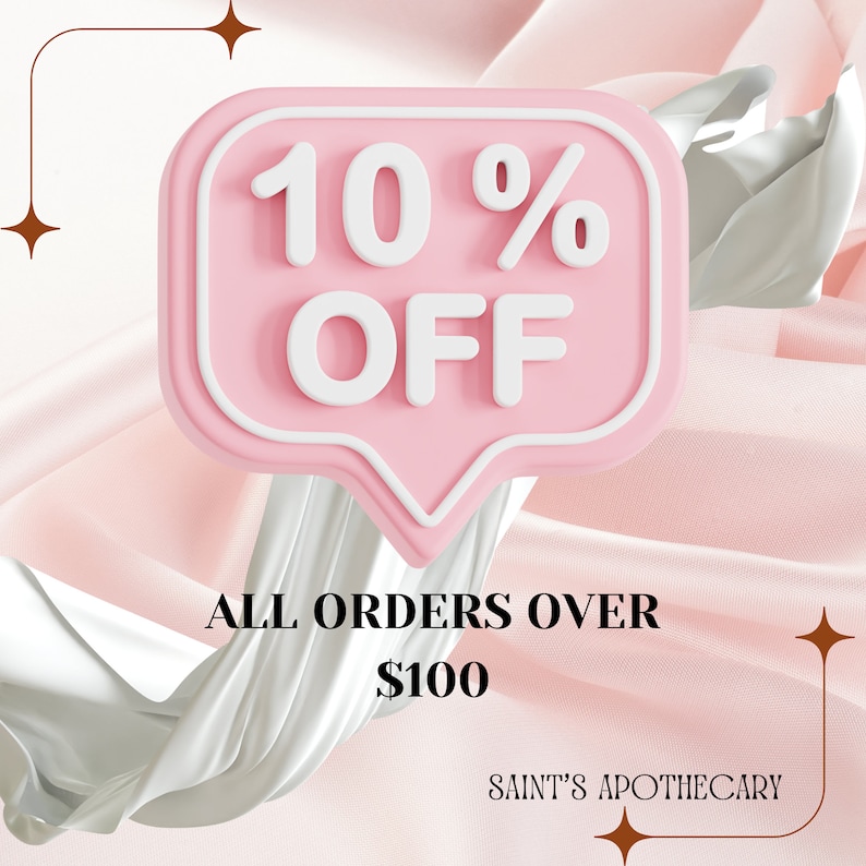 May include: Pink and white 3D speech bubble with the text "10% OFF" and the text "ALL ORDERS OVER $100" below the speech bubble. The background is a pink and white fabric.