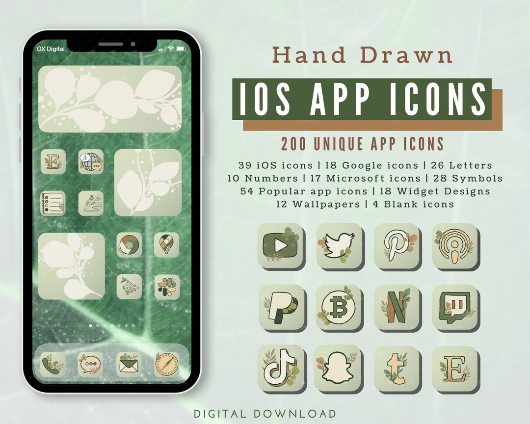 Sage Green Ios 14 App Icons, Nature Green Ios App Icon Pack, Green