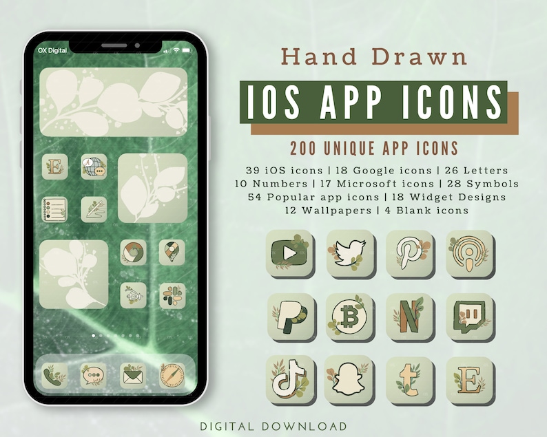 Sage Green iOS 14 App Icons, Nature Green iOS App Icon Pack, Green Aesthetic iPhone Icon Pack with Widgets and Phone Wallpapers image 1