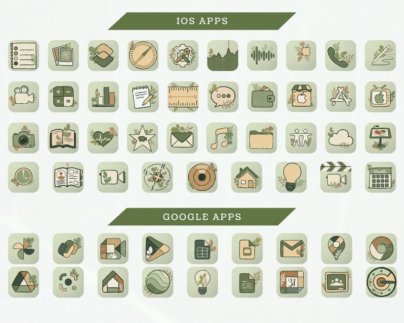 Sage Green iOS 14 App Icons, Nature Green iOS App Icon Pack, Green Aesthetic iPhone Icon Pack with Widgets and Phone Wallpapers image 3