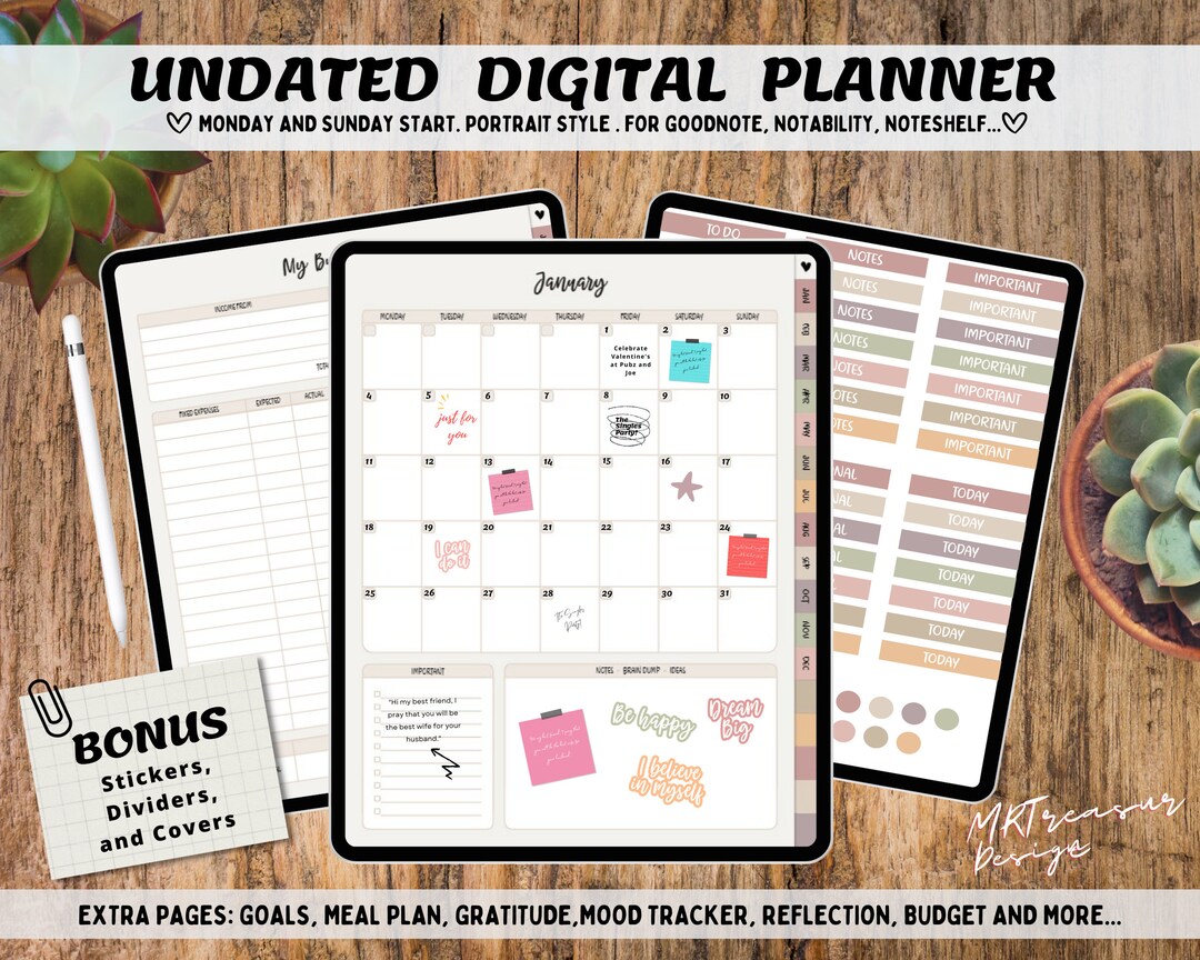 Undated Goodnotes Planner, Monthly Digital Planner, Goodnotes Template