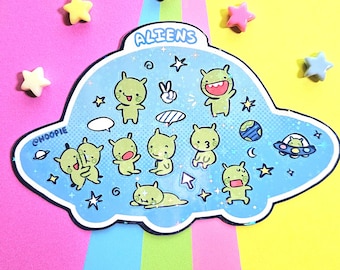 Holographic Alien Sticker Sheet: Funny Space Buddies