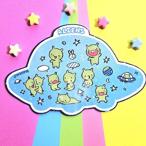 Holographic Alien Sticker Sheet: Funny Space Buddies
