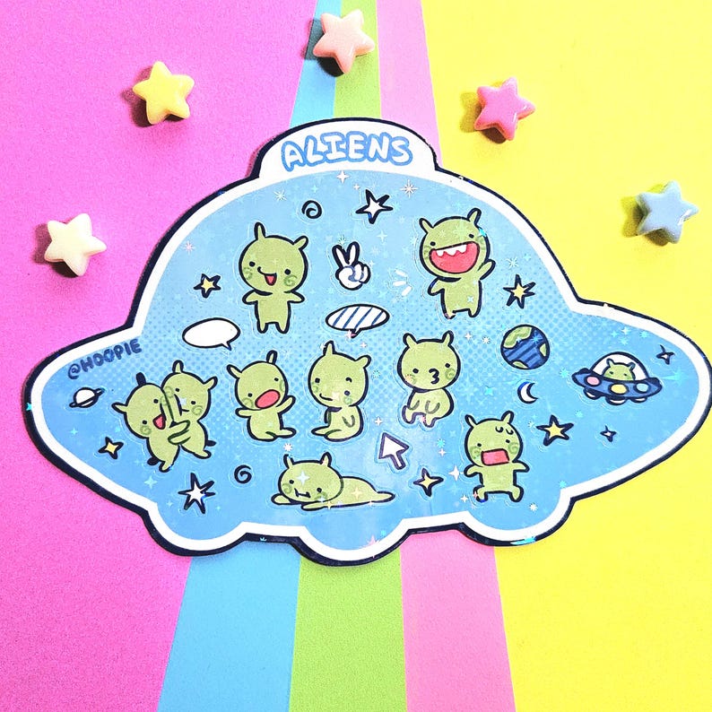 Holographic Alien Sticker Sheet: Funny Space Buddies image 1