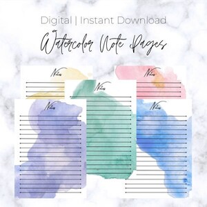 May include: Five printable watercolor note pages in different colors: purple, green, blue, yellow, and pink. Each page has a watercolor background and lined paper with the word "Notes" at the top.