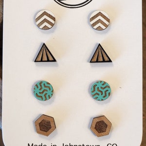 Handmade Geometric Wood Studs: Hypoallergenic Earrings (Set of 4)