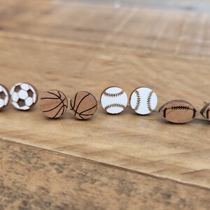 Handmade Wood Sports Stud Earrings: Baseball, Basketball, Football, Soccer
