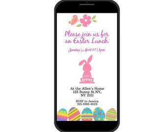 Paaslunch Glitter Eieren Roze Konijn Uitnodiging Evites Sjabloon Instant Digitale Download Edit Yourself