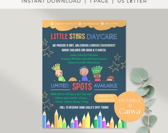 May include: A blue and yellow flyer with the text "Little Stars Daycare" in white. The flyer advertises a daycare with a smoke-free and pet-free home, breakfast, snacks, lunch, and pediatric first aid and CPR certification. The flyer also states that there are limited spots available and encourages enrollment for full-time or part-time care for children ages 6 months to 12 years. The flyer includes the daycare's contact information and license number. The flyer is decorated with colorful stars and crayons.