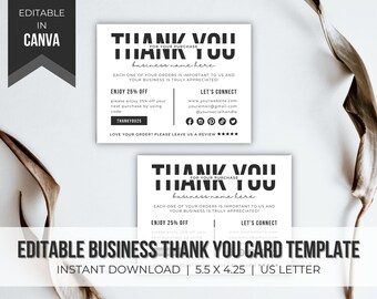 Puede incluir: Plantilla de tarjeta de agradecimiento para empresas, editable en blanco y negro. La tarjeta presenta el texto "Gracias" en una fuente en negrita y apilada. El texto "Por su compra" aparece sobre el texto "Gracias". La tarjeta también incluye espacio para el nombre de la empresa, un código de descuento y enlaces a las redes sociales.