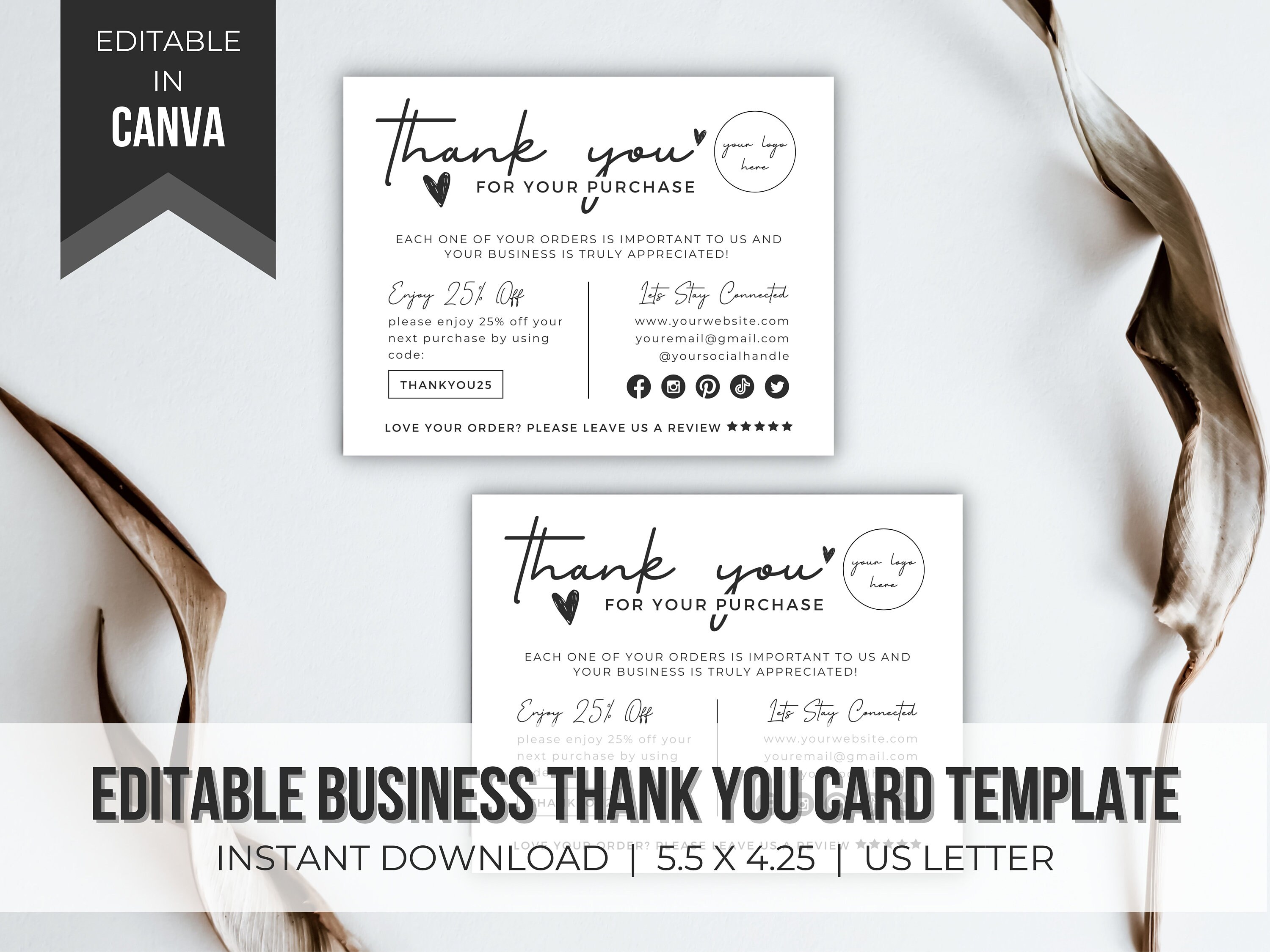 Business Thank You Card Editable | Printable Thank You Insert ...