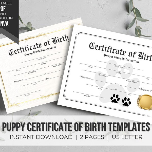 Puppy Birth Certificate Editable | Dog Certificate Template | Editable Certificate | Puppy Printable | Instant Download