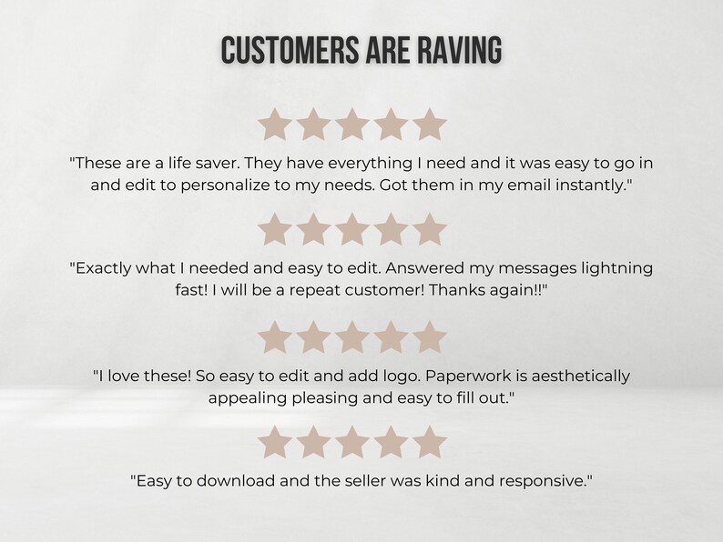 May include: Customers are raving about these digital products.  "These are a life saver. They have everything I need and it was easy to go in and edit to personalise to my needs. Got them in my email instantly."  "Exactly what I needed and easy to edit. Answered my messages lightning fast! I will be a repeat customer! Thanks again!!"  "I love these! So easy to edit and add logo. Paperwork is aesthetically appealing pleasing and easy to fill out."  "Easy to download and the seller was kind and responsive."
