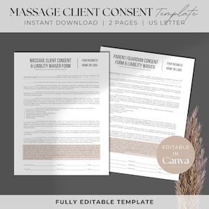 May include: A printable, two-page, US Letter size template for a massage client consent and liability waiver form. The template is fully editable and can be customized with your business name or logo. The form includes sections for the client to acknowledge and agree to the risks and responsibilities associated with massage therapy.