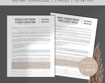 Massage Consent Form and Liability Waiver Template | Editable Massage Therapist Forms | Massage Consent Form Template | Massage Business