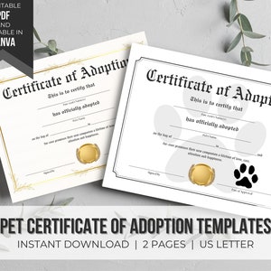 Certificat d’adoption d’animal de compagnie modifiable | Certificat d&#39;adoption | Modèle de certificat de chien | Certificat modifiable | Téléchargement instantané