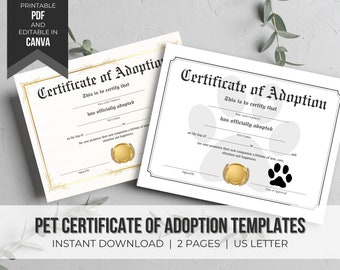 Pet Certificate of Adoption Editable | Adoption Certificate | Dog Certificate Template | Editable Certificate | Instant Download