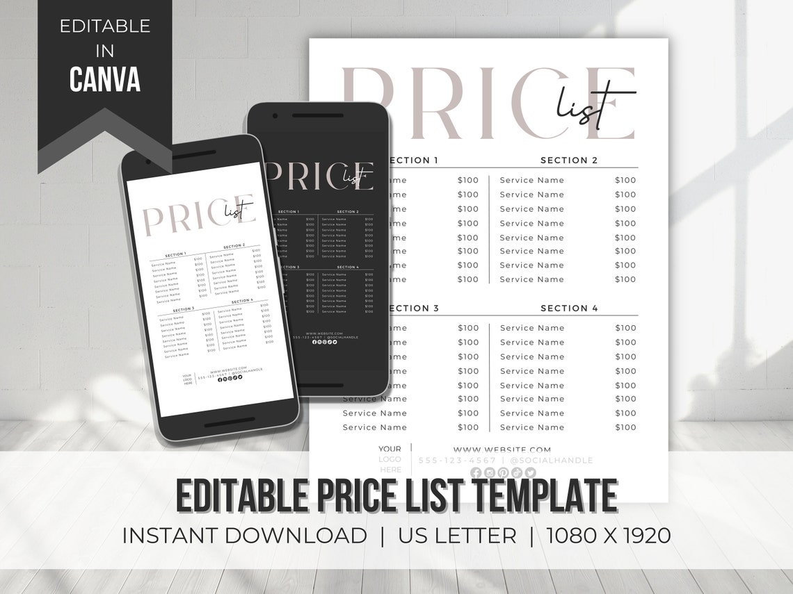 Price List Template Editable Printable Price List DIY - Etsy