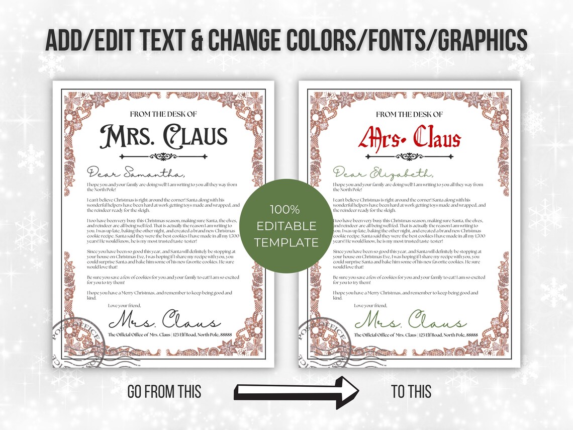 Editable Letter From Mrs Claus Mrs Claus Letter Template - Etsy