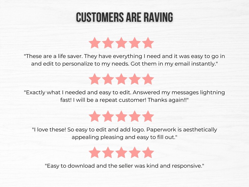 May include: A white background with the text "CUSTOMERS ARE RAVING" in black.  Four customer reviews are displayed with five pink stars each.  The reviews are positive and highlight the ease of use and quality of the product.